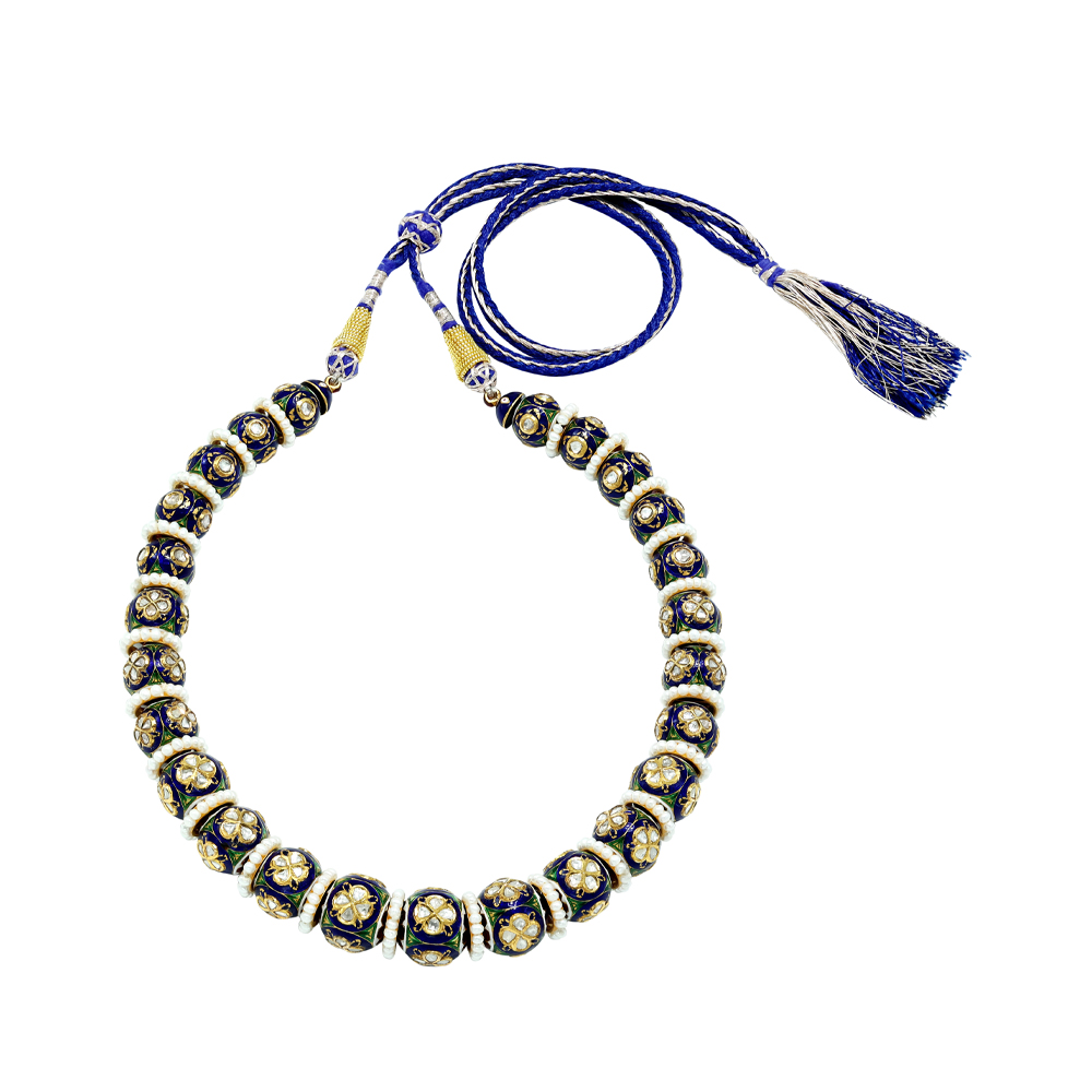 Gold Beads Necklace with Blue-Green Meenakari, Polki, and Pearls